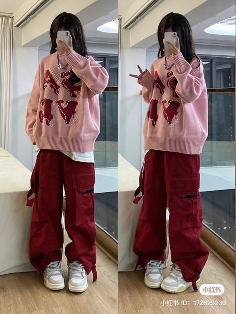 Pink Boyish Outfit, Red Acubi Fashion, Masculine Coquette Outfits, Streetcore Clothes, Skater Vibes Outfit, Colorful Baggy Outfits, Colorful Streetwear Outfits, Y2k Fits Street Styles, Girly Outfits Korean