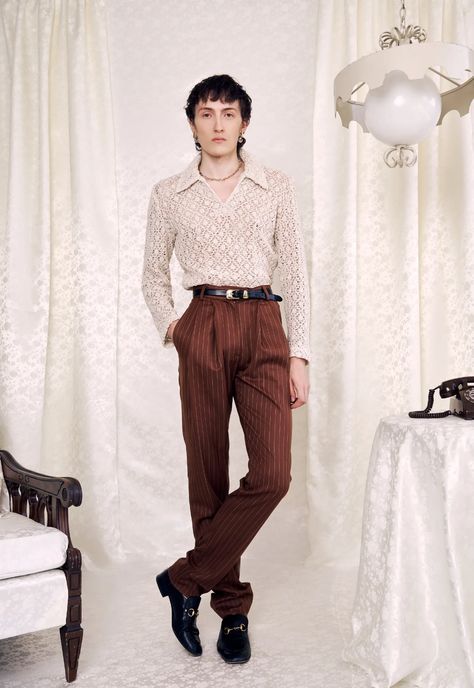 Tanner Fletcher Is the Genderless, Brooklyn-Based Label Reimagining Retro References With Queer Humor | Vogue Fancy Feminine Outfits For Men, 1920s Queer Fashion, Queer Formal Wear Summer, Soft Masc Formal Outfits, Queer Suit Fashion, Unisex Formal Wear, Queer Wedding Fashion, Queer Dressy Outfits, Queer Cocktail Attire