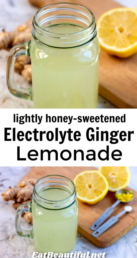 Electrolyte Ginger Lemonade is perfectly satisfying, thirst quenching, rejuvenating and delicious. You've found what just might be the quintessential electrolyte drink recipe. Enjoy when the weather is hot, or with exertion! This recipe is refined sugar-free, sweetened lightly with honey. | summer | drinks Essen, Homemade Electrolyte Drink Recipes Natural, Ginger Lemon Water Recipes, Lemon Ginger Elixer, Coconut Electrolyte Drink, Green Tea Electrolyte Drink, Thirst Quenching Drinks, Honey Ginger Lemonade, Jamaican Lemonade Recipe