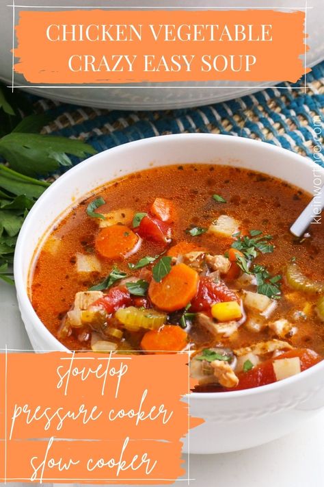 This Chicken Vegetable Soup is a quick & easy dinner that can be made in the slow cooker, stovetop, or pressure cooker. Simple & Delish! Chicken And Vegetable Soup, Chicken Vegetable Soup Recipes, Chicken Vegetable Soup, Cheesy Chicken Spaghetti, Dinner Favorites, Vegetable Soup With Chicken, Chicken Vegetable, Hearty Comfort Food, Savory Meals