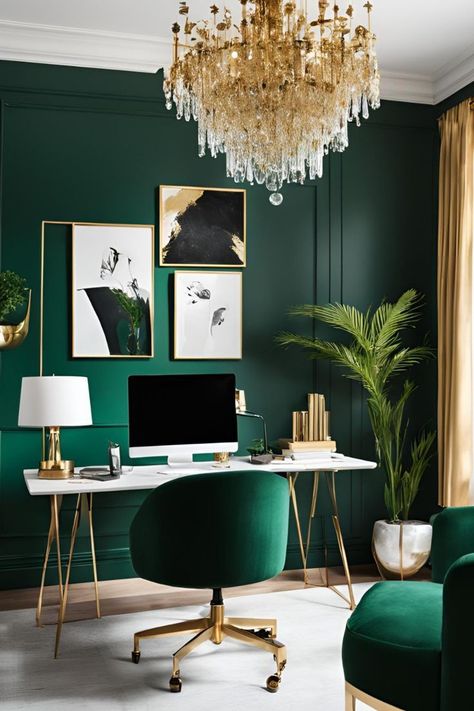 Emerald Home Office, Bright Green Office, Emerald Office Decor, Emerald Green Office Ideas, Emerald Green Office Decor, Office Interior Design Green, Green Office Aesthetic, Dark Green Office Ideas, Green Study Room