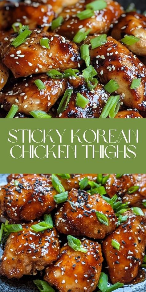 👉 Craving bold flavors? 🍗 Try this Sticky Korean Chicken Thighs recipe – perfectly caramelized with sweet and spicy glaze, a quick and easy dinner idea the whole family will love! 🌟 Packed with soy sauce, garlic, and honey, these chicken thighs are the ultimate blend of sweet and savory. Perfect for weeknights or meal prep! 🥢✨ #KoreanChicken #EasyDinner #StickyChicken #WeeknightMeals #FamilyRecipes Sweet And Sticky Chicken Drumsticks, Asian Chicken Leg Recipes, Chicken Thigh Recipes Soy Sauce, Slow Cooker Korean Chicken, Asian Style Chicken Thighs, Chicken Thigh Boneless Recipes, Chicken Japchae, Chicken Thigh Recipes Bone In, Chicken Thigh Recipes Asian