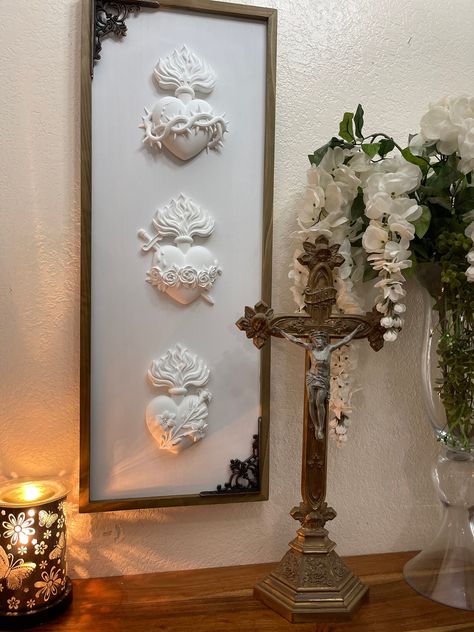 Size... Rosary Wall Hanger, At Home Altar, Cross Home Decor, Prayer Room Ideas Catholic, Catholic Home Altar Ideas Living Rooms, Wall Altar Ideas Catholic, Virgin Mary Altar, Holy Family Hearts, Modern Mexican Decor