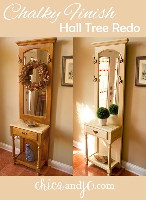 Chalk paint hall tree redo with @decoart Chalky Finish and @homerightps paint sprayer. #decoartprojects #chalkpaint Hall Tree Makeover, Hall Tree With Mirror, Door Diy Projects, Hall Stairs, Hall Trees, Chalky Paint, Entryway Cabinet, Hall Stand, Doors Repurposed