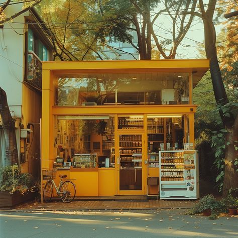 A quaint 1960s Tokyo corner store with its modernist design. Nestled on a street corner, its vibrant yellow exterior and cozy charm make it a standout. Perfect for architecture lovers and vintage ramen enthusiasts 🍜 #1960shouse #ModernistArchitecture #VintageCharm #tokyoarchitecture #suburbia #yellowinterior #architecturephotography #yellowaesthetic Corner Cafe Exterior, Cute Store Aesthetic, Store Building Design, 1960s House Exterior, House Exterior Vintage, Vintage Store Interior, Retro Buildings, 1960s Architecture, Interior Design Cafe