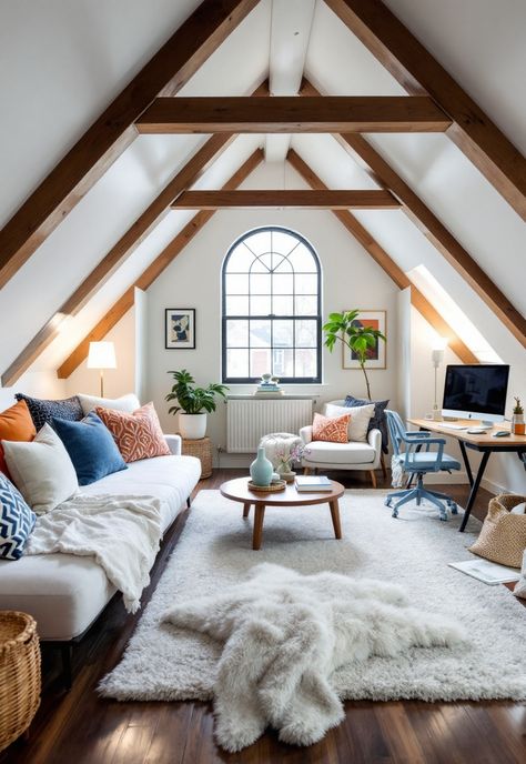 Small attic room ideas Attic Loft Apartment, Attic Cozy Space, Finished Attic Office, Attic Multipurpose Room, Attic Apartment Living Room, Third Floor Attic Ideas, Small Attic Conversion Ideas, Attic Guest Room Sloped Ceiling, Finished Attic Ideas Low Ceilings