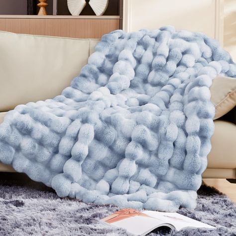 PRICES MAY VARY. Luxurious Cozy Rabbit Faux Fur Blanket: Our fluffy blanket cocoon you in a world of newfound coziness. Crafted from a blend of luxurious faux fur and minky, our 1000GSM rabbit fur fabric with crystal velvet lining offers a double-sided experience. Revel in supreme comfort that's also kind to animals Chic Elegance for Your Home Decor: Transform your living space with our beautifully ruched lap blanket. Delicate textures and rich hues make it a versatile decor piece, Excellently c Blue And White Throw Blanket, Cute Tie Blankets, Grey Blankets, Huge Blanket, Pom Pom Throw Blanket, Blankets For Couch, Chunky Blankets, Softest Blanket, Mink Blanket