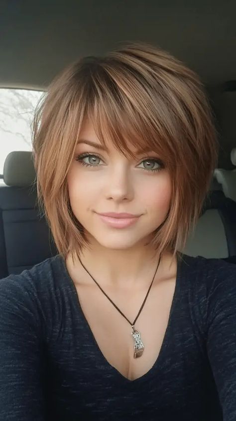 27 Stunning Layered Stacked Bob Haircut Ideas You Need to Try Right Now Inverted Bobs For Thick Hair, Short Front Long Back Haircut, Side Bang Bob Haircut, Womens Short Hair Styles 2024, Short Girls Haircut, Choppy Bob Haircuts For Thick Hair, Medium Inverted Bob Haircuts, Inverted Bob Stacked, Mid Length Stacked Bob Haircut