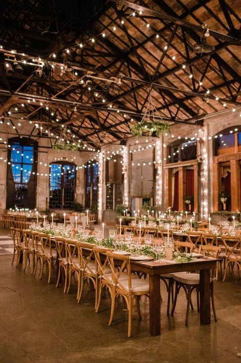 Wedding Venue Ideas Indoor Receptions, Indoor Venue Decoration Wedding, Wedding Reception Lights Indoor, Industrial Venue Wedding, Rustic Modern Wedding Venues, Elegant Industrial Wedding, Wedding Venues Indoor Receptions, Indoor Wedding Venue Ideas, Wedding Venue Ideas Indoor