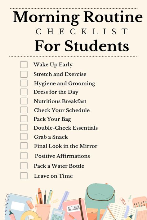 Students Morning Routine, Morning Checklist For Students, Good Morning Routines For Middle School, Morning Routine University Student, School Morning Routine For Kids, Routine Planner For Students, Day Routine For Students, Morning Routine Student, Morning Check In For Students