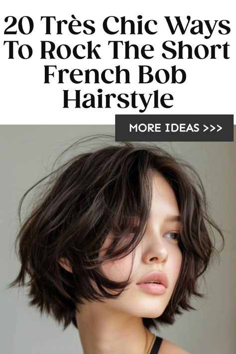 Woman with a tousled French bob haircut, promoting stylish short hair trends. Side Part French Bob, Modern Bob 2024, Shaggy Short Hair Bob, Bob With Face Framing Bangs, Style French Bob, French Hairstyles Short, French Bob Without Bangs, French Haircut Parisian Chic, French Bob Thick Hair