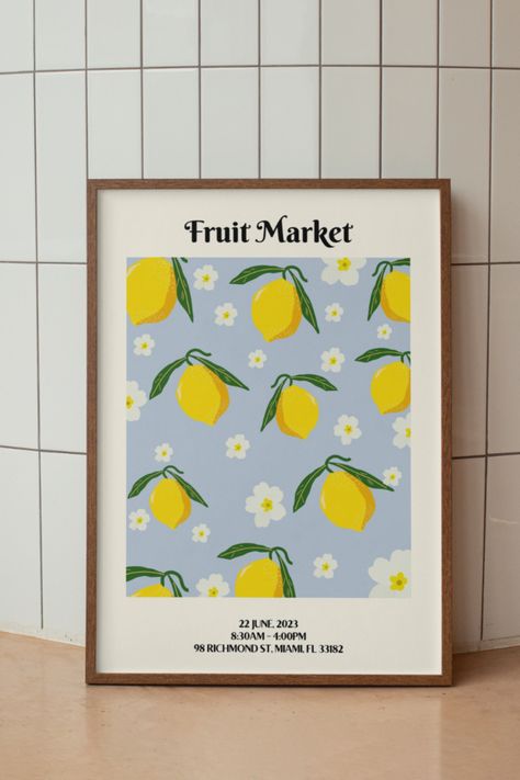 Miami Florida Fruit Market Print with lemons in yellow and baby blue, great trendy poster for your kitchen or living room. Style your home with trendy wall art to match your home aesthetic with flowers and lemons. Florida Print, Modern Kitchen Art, Fruit Market, Aesthetic Print, Room Theme, Yellow Room, Poster Aesthetic, Charcuterie Recipes, College Town