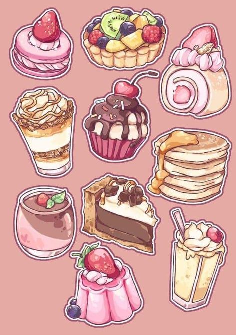 Seni Resin, Desserts Drawing, Dessert Illustration, 귀여운 음식 그림, Food Sketch, Food Illustration Art, Cute Food Drawings, Cute Food Art, Food Stickers