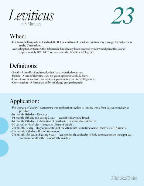 Get a quick overview of Leviticus 23, including its themes and key events. This article provides a short summary of Leviticus chapter twenty-three, covering the laws and commands God gave to the Israelite nation. Bible Summary, Leviticus 23, Bible Overview, Feasts Of The Lord, Chapter Summary, Study Notebook, Bible Printables, Bible Study Notebook, The Tabernacle