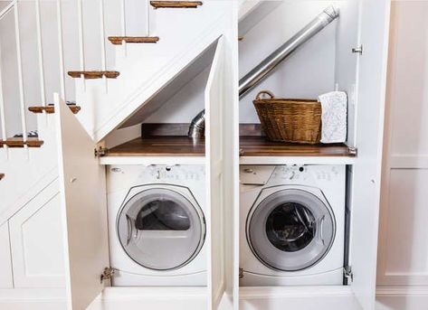 Washer and Dryer Under Stairs | Uses for the Space Under the Stairs Ideas (Photo: Brickhouse Kitchens and Baths) Understairs Washer And Dryer, Washer And Dryer Under Staircase, Under Stair Utility, Under Stairs Utility Cupboard, Utility Under Stairs, Washer Under Stairs, Washer And Dryer Under Stairs, Under Stairs Utility, Under Stairs Utility Room