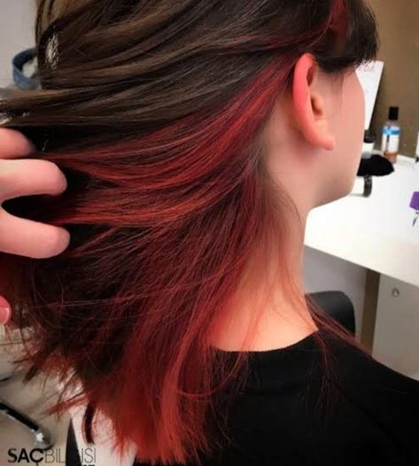 Red Hair Underneath, Half Colored Hair, Trendy Hair Color Ideas, Underdye Hair, Pelo Color Vino, Hair Dyed Underneath, Hidden Hair Color, Half Dyed Hair, Peekaboo Hair Colors