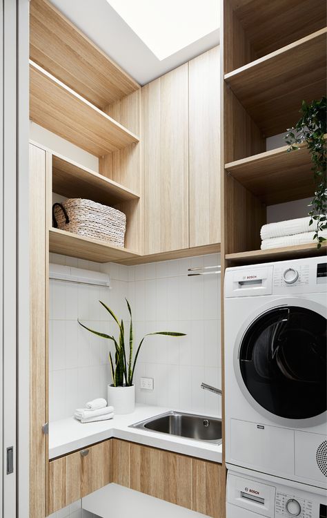 Tiny Laundry, Light Wood Cabinets, Laundry Room Renovation, Laundry Design, Modern Laundry Rooms, Laundry Room Inspiration, Laundry Room Remodel, Laundry Decor, Small Laundry Room