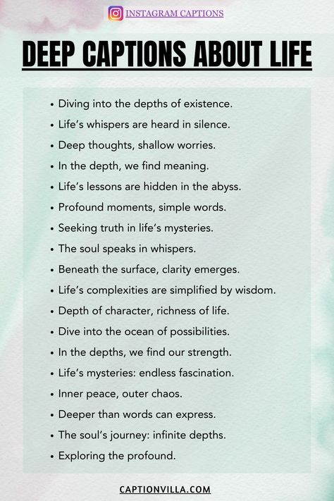 Pinterest pin featuring Instagram captions about life's deeper aspects, including introspective and philosophical options. Delve into the mysteries of existence! #CaptionsForInstagramAboutLife #LifeQuotes #InstagramQuotes #LifeMoments #SelfReflection #Inspiration #InnerJourney Mysterious Instagram Captions, Deep Thought Captions, Mysterious Captions, Instagram Captions About Life, Money Captions, Captions For Instagram Love, Life Captions, One Word Instagram Captions, Short Instagram Quotes