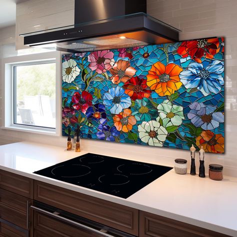 Tempered Glass Backsplash-Flower Backsplash Tiles-Stove Backsplash for Lotus Splashback for Stove Back Cover-Stained Floral Backsplash Features; * Sleek and modern appearance: Glass wall art adds a sophisticated touch to any space with its glossy and reflective surface. * Vibrant and clear prints: Glass printing technology allows for high-quality, vibrant prints that are resistant to fading. * Easy to clean and maintain: Glass wall art is easy to clean and maintain, making it a practical choice for high-traffic areas. * Long lifespan: Glass wall art has a longer lifespan compared to other types of wall art, as it is more resistant to fading and damage. * Metal mounting apparatus: Glass wall art can be easily and safely mounted to your wall with only one (or two for the largest option) nail Backsplash Feature Over Stove, Flower Tile Backsplash Kitchen, Whimsical Kitchen Backsplash, Stained Glass Backsplash, Floral Backsplash Kitchen, Colorful Backsplash Kitchen, Quirky Kitchen Ideas, Stove Backsplash Tile, Fun Kitchen Backsplash