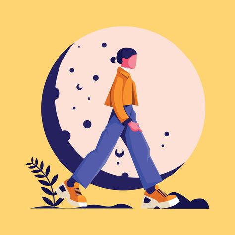 Girl Walking On Isolated Moon Background. Flat Vector Illustration Flat Character Design Illustrations, Vector Illustration Styles, Flat Illustration Characters, Walk Illustration, Flat Illustration Design, Walking Illustration, Character Design Vector, Fashion Illustration Chanel, Flat Vector People