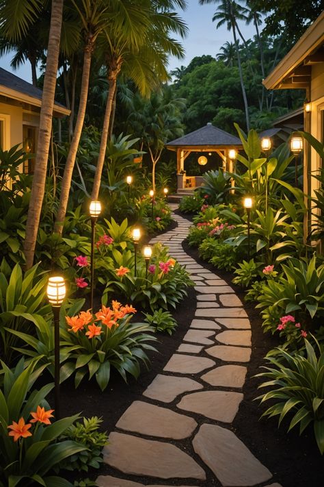 20 Small Tropical Garden Design Ideas - Toolz Geek Tropical Garden Courtyard, Tropical Landscaping Ideas, Tropical Walkway Landscaping, Tropical Pathways Walkways, Tropical Garden Ideas, Tropical Path, Tropical Garden Pathways, Small Garden Area Ideas, Lush Tropical Garden