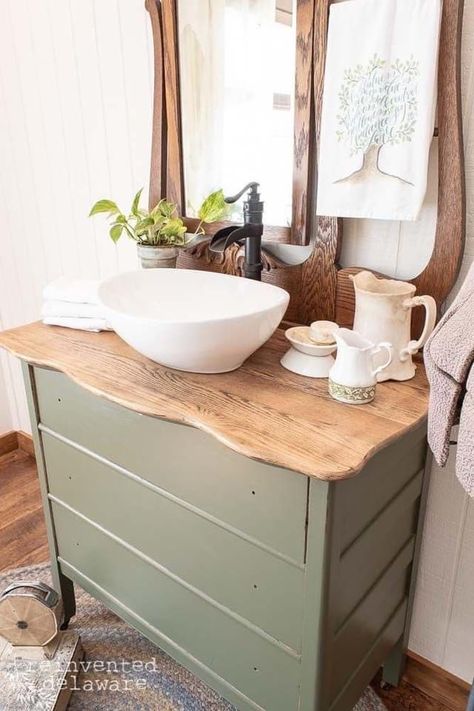 Mint Bathroom Vanity Paint Colors, How To Make A Bathroom Sink Out Of A Dresser, Dresser Into Sink Vanity, Furniture Sink Vanity, Dresser Sink Vanity Diy, Convert Dresser To Bathroom Vanity, Dresser To Vanity Bathroom, Half Bathroom Vanity Ideas, Dresser Bathroom Sink