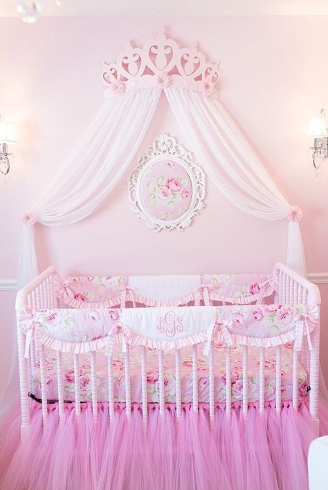 Nursery In Master Room, Nursery In Master, Princess Nursery Theme, Princess Crib Bedding, Princess Crib, Room Ideas For Girls, Pink Floral Nursery, Floral Baby Bedding