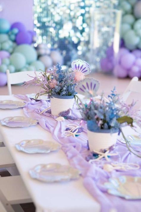 Mermaid Theme Party Table Decorations, Mermaid Party Table Runner, Mermaid Party Table Centerpieces, Mermaid Party Decorations Table, Mermaid Birthday Table Decorations, Mermaid First Birthday Decorations, Mermaid Flower Centerpiece, Mermaid Center Piece Ideas, Under The Sea Tablescapes