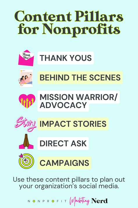 Struggling with nonprofit marketing challenges on social media? This insightful video unveils the transformative potential of Content Pillars. Discover how to supercharge your organization's visibility and engagement with donors. Move beyond reactive content creation, leveraging essential strategies to build a proactive and impactful social media approach. Learn how to craft a compelling narrative that resonates with your audience and turns your nonprofit into a recognized household name. Nonprofit Social Media Content, Nonprofit Fundraising Ideas Non Profit, Social Media Marketing For Nonprofits, Capital Campaign Ideas Nonprofit Fundraising, Nonprofit Infographics, Nonprofit Social Media, Nonprofit Grants, Social Media Marketing Facebook, Nonprofit Marketing