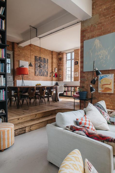 Bedroom Loft Style, Loft Style Apartment, Oval Room Blue, Brick Interior, Brick Loft, Exposed Brick Walls, Open Space Living, Brick Walls, Loft Apartment