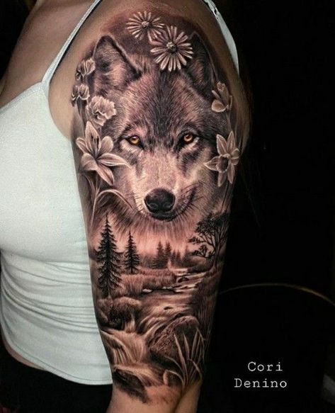 Wolf Scene Tattoo, Wolf Tattoo Meaning For Women, Wolf Shoulder Tattoos For Women, Wolf And Pup Tattoo For Women, Wolf Tattoo For Women Half Sleeves, Wolve Tattoo Woman, Wolf Back Tattoo Women, Half Wolf Half Woman Tattoo, Wolf Sleeve Tattoo Women