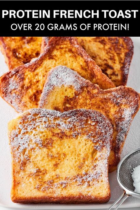 This protein French toast packs in over 20 grams of protein per serving and needs just 6 ingredients to make! Crisp around the edges and soft in the middle, they only take 10 minutes to make. Easy Protein Meals, Protein French Toast, 20 Grams Of Protein, High Protein Breakfast Recipes, Protein Baking, Protein Dinner, Healthy Protein Snacks, Protein Packed Meals, Healthy High Protein Meals