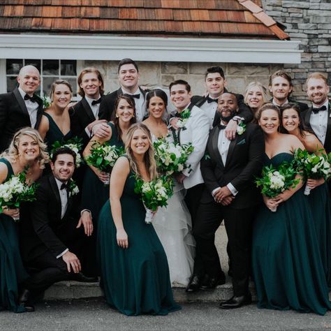 Winter Wedding | The Piedmont Room | Atlanta, GA Black Tux Groomsmen & Forest Green Bridesmaids Emerald Green Bridesmaid And Groomsmen, Black Tux With Emerald Green, Black And Green Wedding Party, Forest Green Bridesmaids, Black Tux Groomsmen, Tux Groomsmen, Black And Green Wedding, Green Tux, Black Tux Wedding