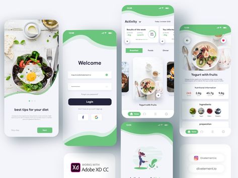 Diet App Concept by Mauricio Lopez Android App Design, Application Ui Design, Desain Ux, Diet App, Restaurant App, Ui Ux 디자인, App Design Layout, Ux App Design, Desain Ui