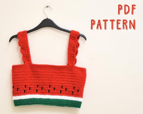 Get ready for summer with this cute watermelon crop top. Crochet pattern available for download Tops Tejidos A Crochet, Crop Top Crochet Pattern, Watermelon Crochet, Crop Top Crochet, Top Crochet Pattern, Watermelon Summer, Summer Crop Top, Crochet Crop Top Pattern, Crochet Shorts