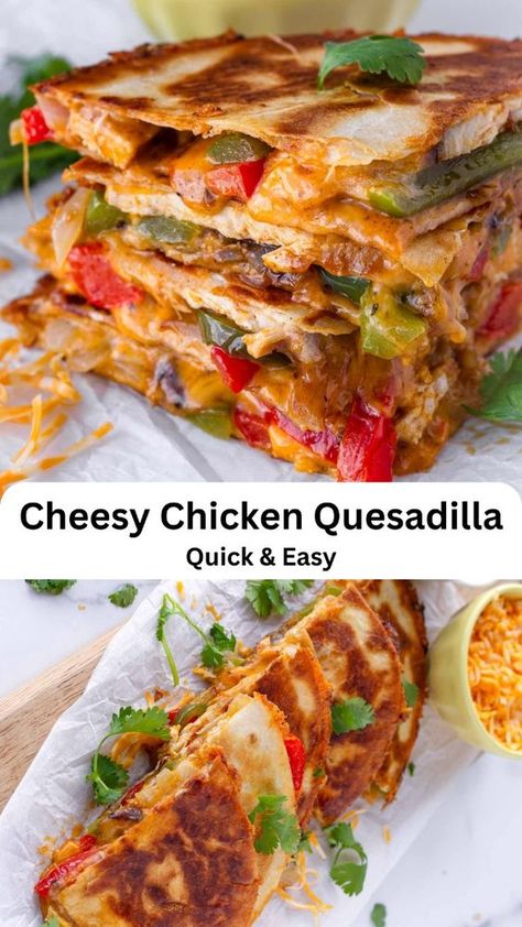 Make dinner a breeze with this delicious Chicken Quesadilla Recipe! Packed with cheesy goodness and tender chicken, these quesadillas are perfect for a quick and easy meal that the whole family will love. Ready in minutes! #ChickenQuesadilla #EasyDinner #CheesyGoodness #FamilyMeals #QuickRecipes Chicken Quesadilla Mixture, Chicken Quesadillas Meal Prep, Chicken Quesadillas For A Crowd, Fajitas Chicken Quesadillas, Restaurant Style Quesadilla, Quesadilla Dinner Recipes, Blackstone Chicken Quesadilla Recipes, Lunch Quesadilla Recipes, Quesadillas On The Blackstone