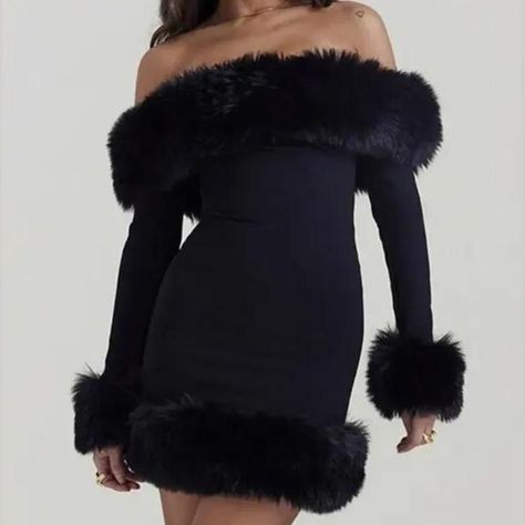 Discover Unmatched Elegance Introducing our latest addition to the world of high fashion - the Elegant Off-Shoulder Fur-Trimmed Bodycon Mini Dress from our Autumn 2023 Collection. Designed for the modern woman who adores sophistication with a hint of daring, this dress is a perfect blend of style and comfort. Crafted for those special evenings and upscale parties, it promises to make you the center of attention wherever you go. Product Features Our dress boasts an array of features that set it apart. The alluring off-shoulder, slash neck design elegantly showcases your neckline and shoulders, adding a touch of glamour. Made from high-quality milk fiber, this dress offers both durability and a luxurious feel against your skin. The solid pattern, combined with the exquisite fur decoration, a Off Shoulder Fur Dress, Fur Trimmed Dress, Fur Dresses, Fur Trim Dress, Fur Decoration, Fur Dress, Fur Decor, Empire Waistline, Autumn 2023