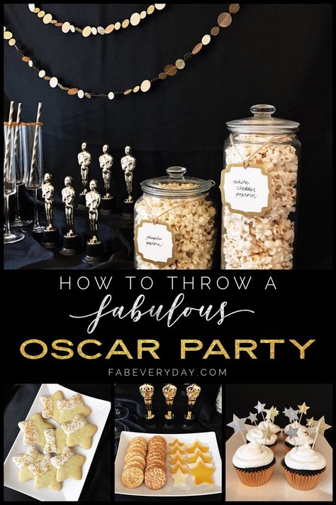 Easy decor and food ideas for a fabulous Oscar or award show watch party. Click or visit FabEveryday.com for tips and ideas for throwing the best Academy Awards show viewing party, with lots of stars; silver, gold, and black party decor; and easy recipe ideas. Award Show Birthday Party, Emmy Awards Party Ideas, Oscars Watch Party, Award Theme Party Ideas, Award Show Party Ideas, Tony Awards Party Ideas, Awards Night Decorations, Academy Awards Party Decorations, Award Party Ideas