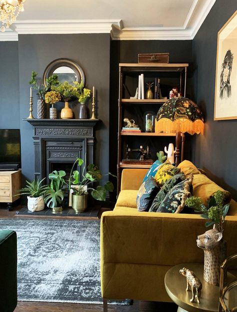 Influencer living rooms | John Lewis & Partners Navy And Mustard Living Room, Mustard Lounge, Mustard Living Room, Mustard Living Rooms, Snug Room, Yellow Furniture, Victorian Living Room, Dark Living Rooms, Cosy Living