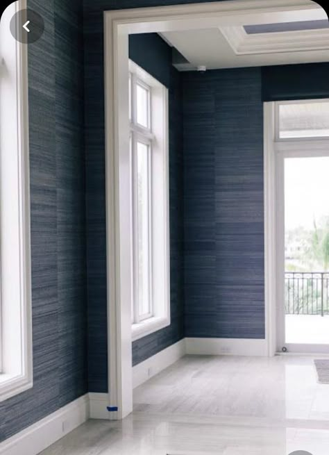 Navy Bedroom Color Scheme, Navy Bedroom Wallpaper, Navy Grasscloth Wallpaper, Nantucket Bedroom, Blue Wallpaper Living Room, Navy Bedroom Ideas, Blue Grasscloth, Seagrass Wallpaper, Navy Bedroom