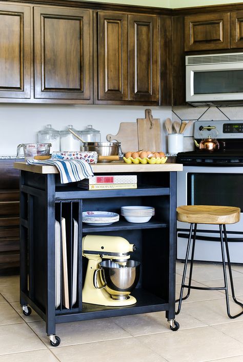 LIKE THE COLOR How to build a DIY kitchen island on wheels~big enough for a microwave; no wheels, edging to keep MW from sliding off Diy Kitchen Cart, Small Kitchen Island Ideas, Unique Kitchen Design, Kitchen Island On Wheels, Rolling Kitchen Island, Small Kitchen Island, Kitchen Island Cart, Diy Kitchen Renovation, Diy Kitchen Decor