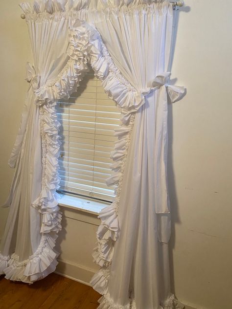 Really full Priscilla curtains! This curtain is 192 inches wide including the ruffle. It has very full double ruffles and ties back with bows.This will fit a single window up to about 47 inches wide. There are about 25 yards of fabric in this curtain. Measure your curtain rod between the brackets for the width. And please measure from the top of your curtain rod to the finished length you need. This curtain would be great in a farmhouse style house or a log cabin or a traditional home. Priscilla Curtains, Cottage Curtains, Ruffle Curtains, Dream Bedroom Inspiration, High Point Nc, White Shabby Chic, Cute Room Ideas, Pretty Room, Room Makeover Bedroom