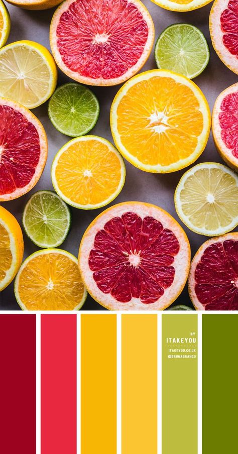 Citrus Color Scheme A beautiful summer color palette of dark red, mustard , yellow, lime , chartreuse, and green. Citrus colors are colors inspired by citrus fruits such as lemons, lime, grapefruits and oranges. Citrus has been popular over the year in both fashion and wedding. #branding #design #inspiration #color Rust Color Schemes, Yellow Color Combinations, Wedding Readings, Orange Color Palettes, Color Palette Yellow, Red Colour Palette, Color Schemes Colour Palettes, Summer Color Palette, Color Palette Bright