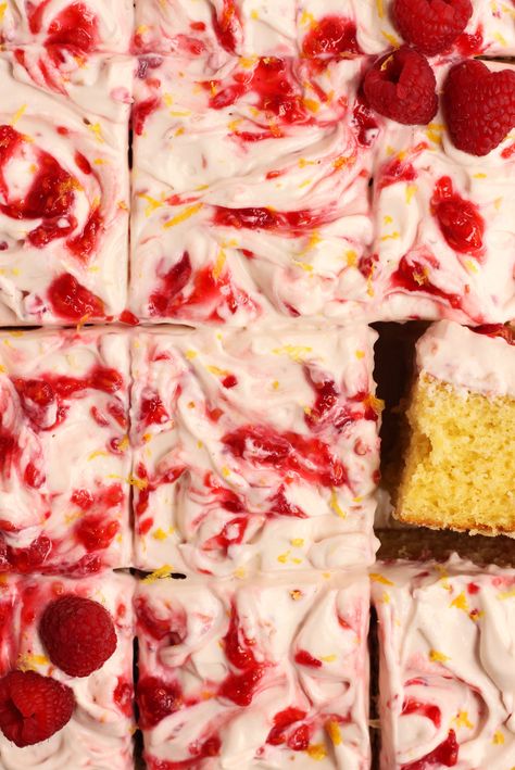 Lemon Raspberry Cake - Scientifically Sweet Yellow Lemon Cake, Raspberry Sheet Cake, Raspberry Cream Cheese Frosting, Lemon Raspberry Cake, Berry Cake Recipe, Bbq Cake, Fluffy Cream Cheese Frosting, Lemon Loaf Recipe, Raspberry Cream Cheese