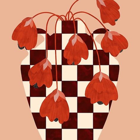 Checkered Art Painting, Checkered Painting, Checkered Poster, Checkered Vase, Checkered Art, Checkered Flower, Vase With Flowers, Apartment Art, Rug Ideas