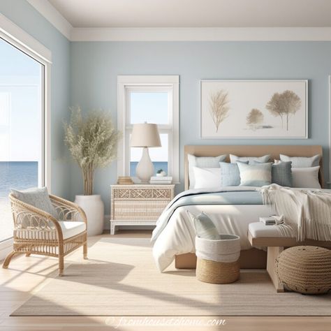 Futuristic Playground, Light Modern Bedroom, Pale Blue Bedrooms, Beige Ceiling, Light Blue Rooms, Costal Bedroom, Light Blue Bedroom, Bedrooms Inspiration, Blue Bedroom Walls