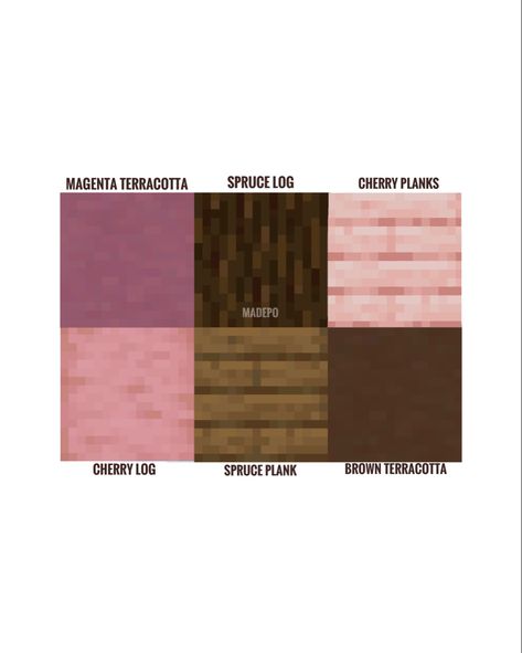 1.20 Cherry Wood Minecraft Block Palette including magenta terracotta, spruce log, cherry planks, cherry logs, spruce planks, and brown terracotta! Comment and follow for more :) aesthetic, cute, floral, flowers, cottagecore, pink, cherry blossom, mcyt, mc Cherry Blossom Block Pallet, Minecraft 1.20 Palette, Pink Blocks Minecraft, Pink And Brown Minecraft House, Minecraft 1.20 Block Palette, Pink Wood Minecraft, Cherry Blossom Block Pallet Minecraft, Acacia Block Pallet Minecraft, Minecraft Pallete Blocks