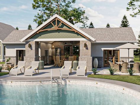 050P-0013: Craftsman-Style Pool House Plan Backyard With Guest House And Pool, Transitional Pool House, Craftsman Pool House, Pool House Designs Layout, Small Pool House Plans, Pool House With Bedroom, Pool House Guest House Combo, Backyard Ambiance, Mil Suite