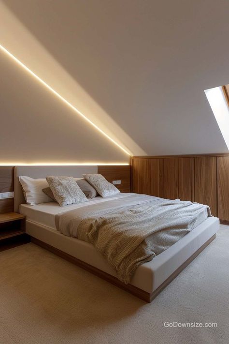 For a warm, modern aesthetic, utilize backlighting to line parts of your bedroom. It just means you light certain areas from behind to emit a softer, sleeker, and subtle glow. Bedrooms With Sloping Ceilings, Under Roof Bedroom, Bedroom With Sloped Ceiling, Slanted Ceiling Bedroom Ideas Decor, Vaulted Bedroom Ceiling, Slanted Ceiling Bedroom Ideas, Tall Ceilings Bedroom, Bedrooms With Slanted Ceilings, Slanted Roof Bedroom