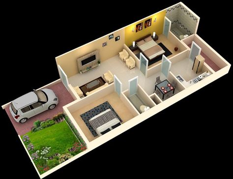 Foundation Dezin & Decor...: 3D Home Plans 2 Bhk House Plan India, 2bhk House Plan India, 15x40 House Plans 3d, 3d House Plans 2bedroom, 15x40 House Plans, Home Plans Indian, 1 Bhk House Plan, Home Design Plans Indian, 2 Bhk House Design